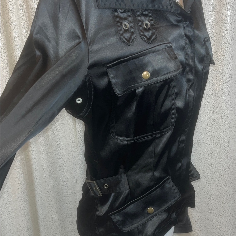 Black Satin Women's Utility Jacket - Picture 4 of 7